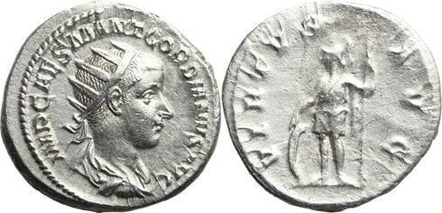 Ancient Roman silver coin of Gordian III as Caesar minted in Rome - VIRTVS AVG